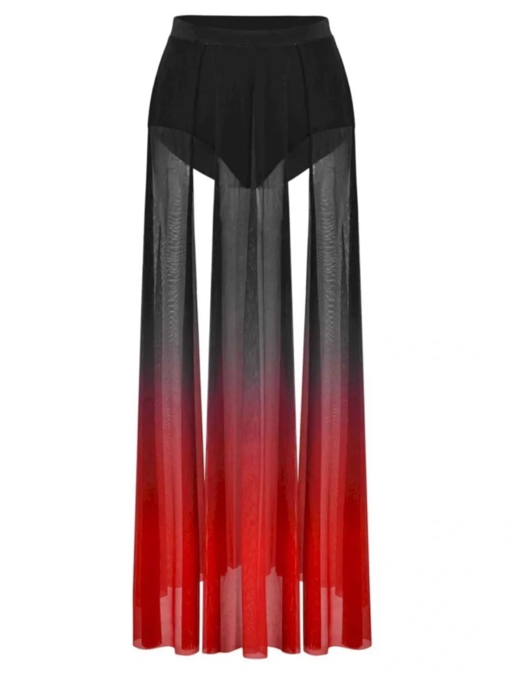 Weissman | Two Piece Black to Red Ombre Sheer Maxi Skirt Pinched Crop Top, LC